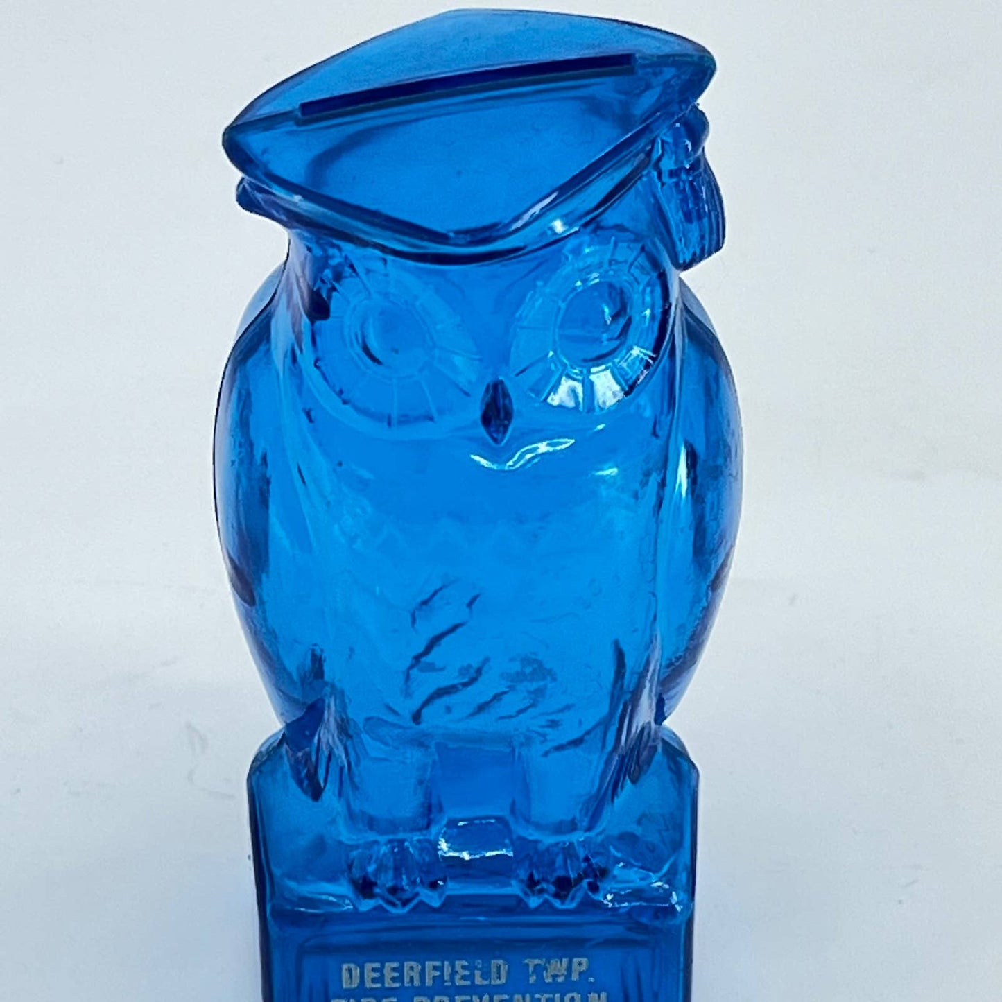 Vintage Wise Owl Deerfield Twp. Fire Prevention Celluloid Promo Coin Bank 4” TE3