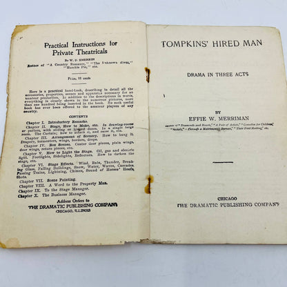 c1920 Sergel’s Acting Drama Tompkins’ Hired Man Antique Theater Play Book C5