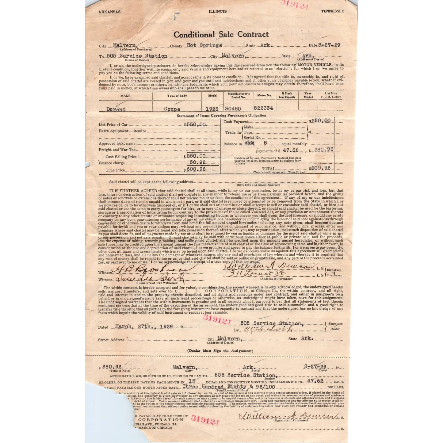 1929 Durant Coupe Sales Agreement Malvern Hot Springs Arkansas AD4