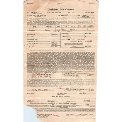 1929 Durant Coupe Sales Agreement Malvern Hot Springs Arkansas AD4