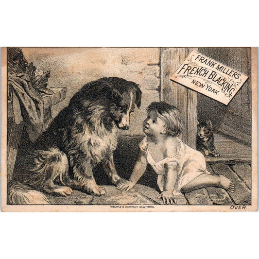 1880s Victorian Trade Card Frank Millers French Blacking Baby Collie Dog Cat SF2