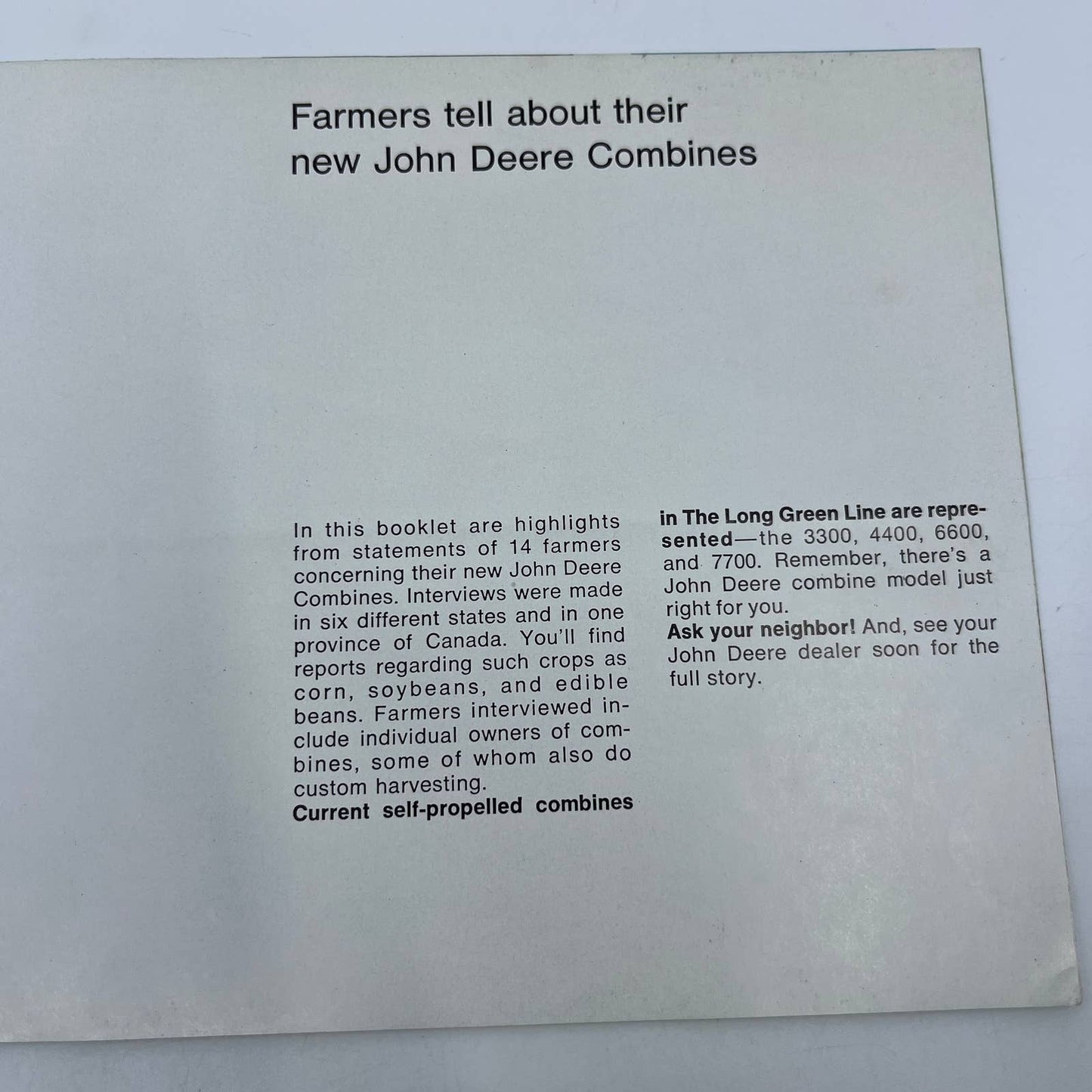 1971 John Deere First Owners Report on New Combines Booklet TH7