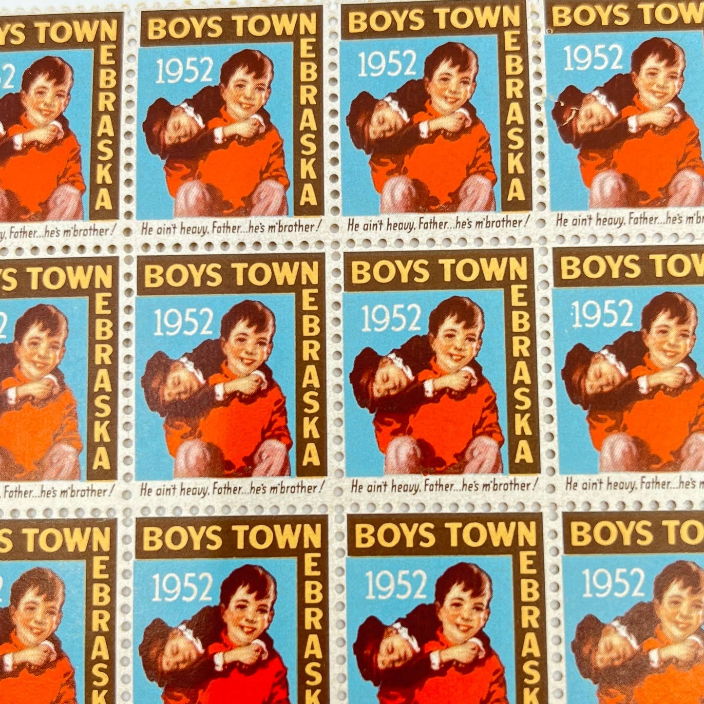 1952 Boys Town Nebraska stamps. Father Flanagan’s Boys Home - Partial Sheet D4