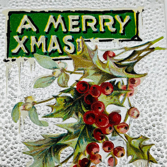 1910s Christmas Post Card Embossed  Textured Silver Holly Icicles PA4