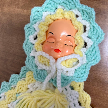 Vintage 1960s Crocheted Plastic Doll Face Pot Holders Green Yellow White TH6