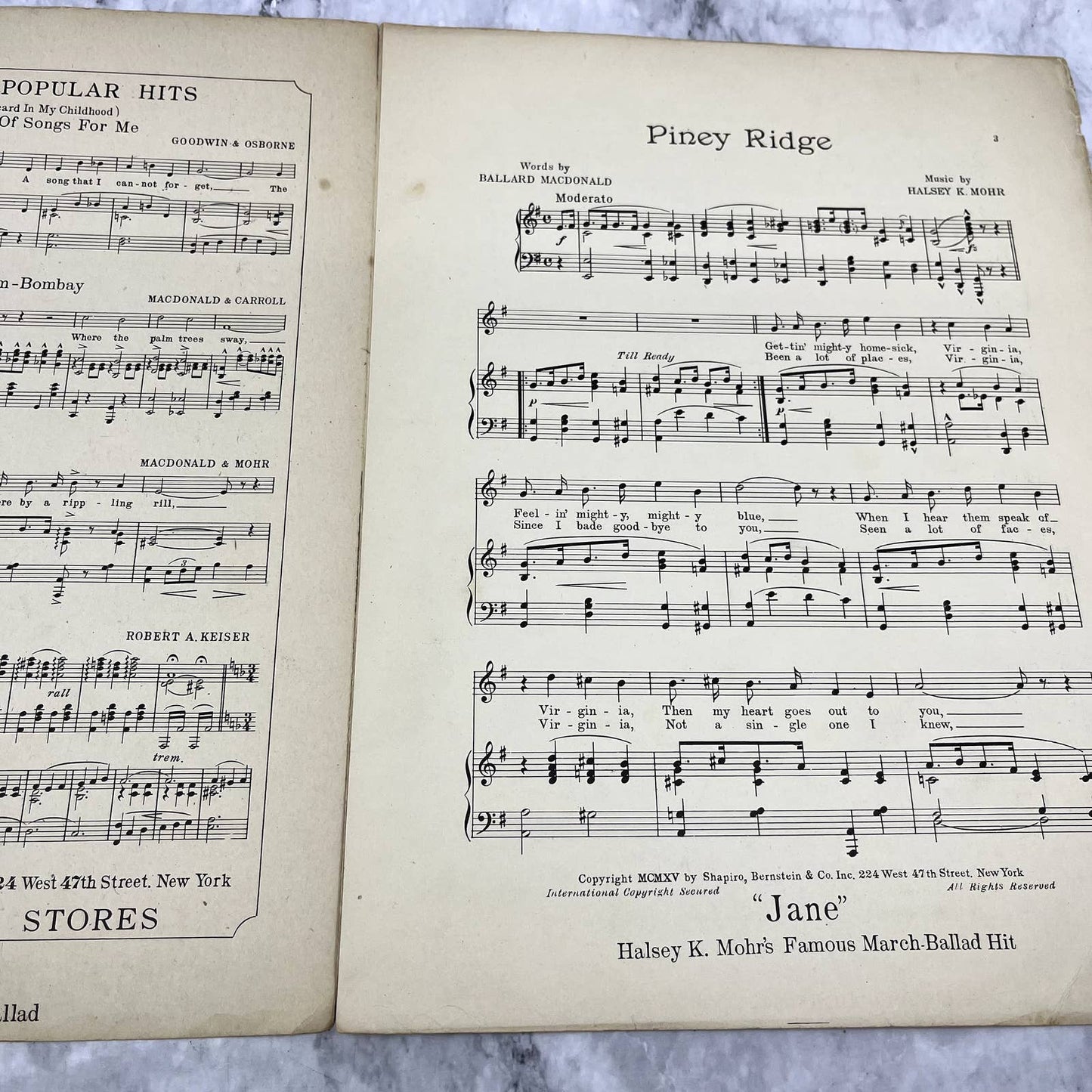 Piney Ridge Somewhere in the Blue Ridge Mountains 1915 Sheet Music TK2-SM2