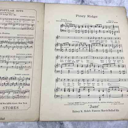 Piney Ridge Somewhere in the Blue Ridge Mountains 1915 Sheet Music TK2-SM2