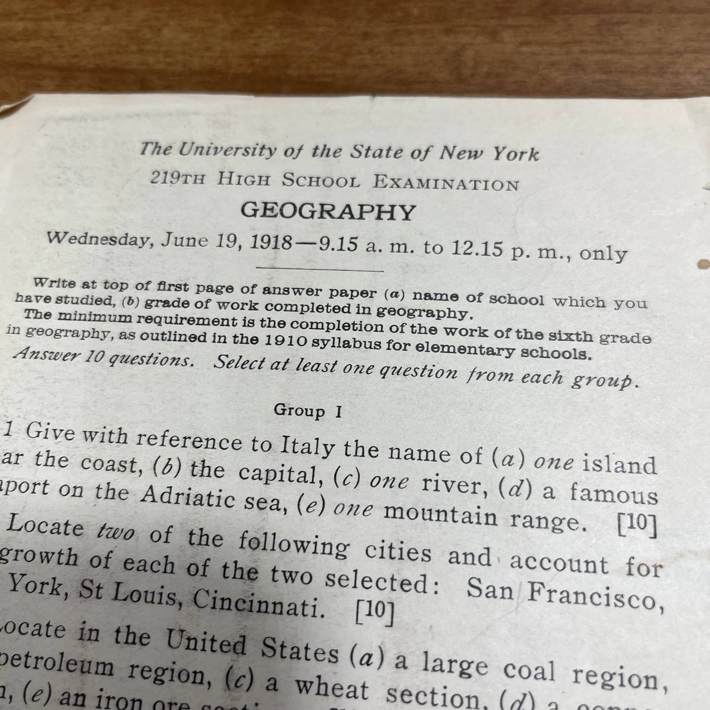 1918 University of the State of New York NYU 219th High School Geography Test A7