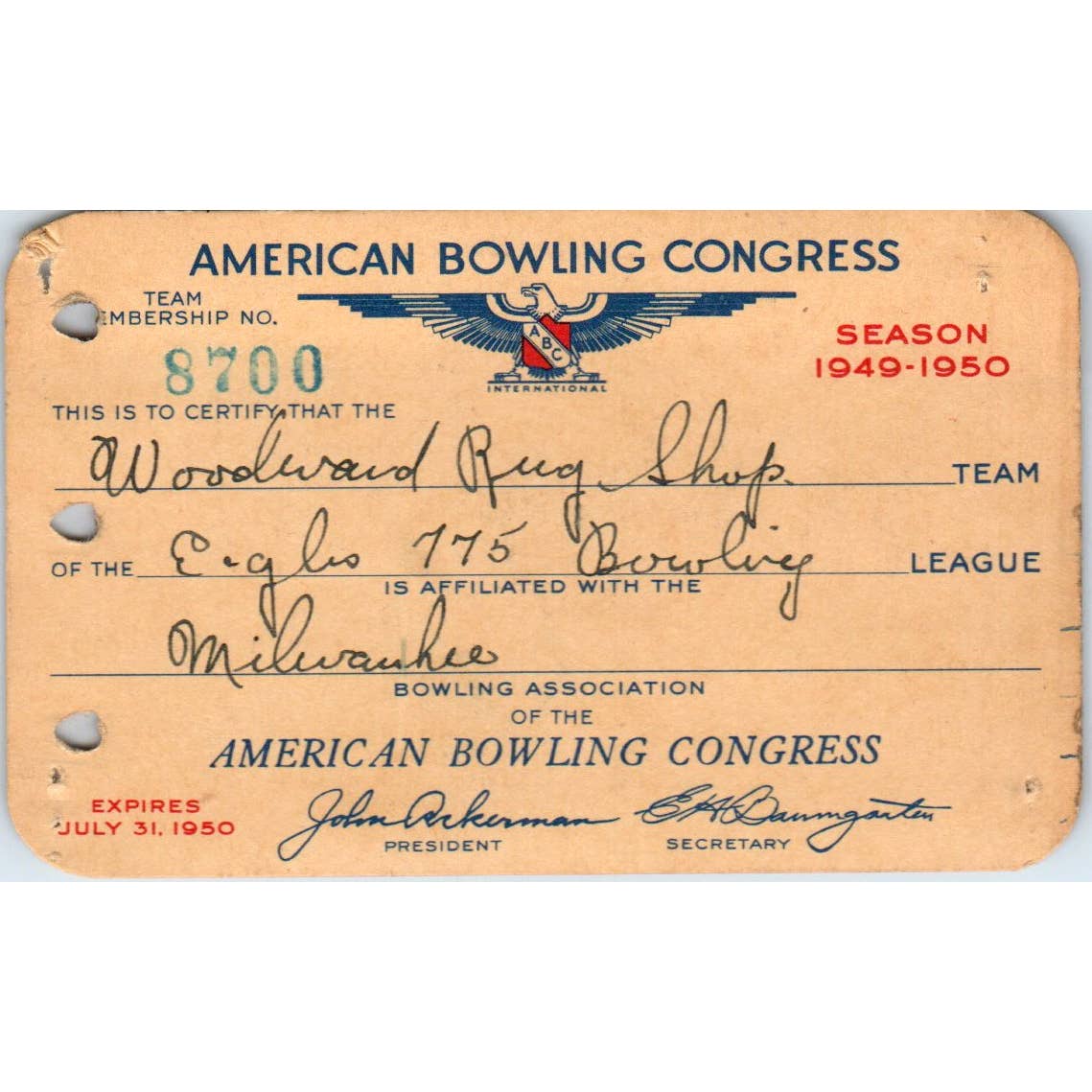 1949 American Bowling Congress Milwaukee Membership Card Eagles 775 SE5-21
