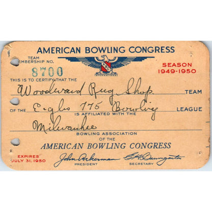 1949 American Bowling Congress Milwaukee Membership Card Eagles 775 SE5-21