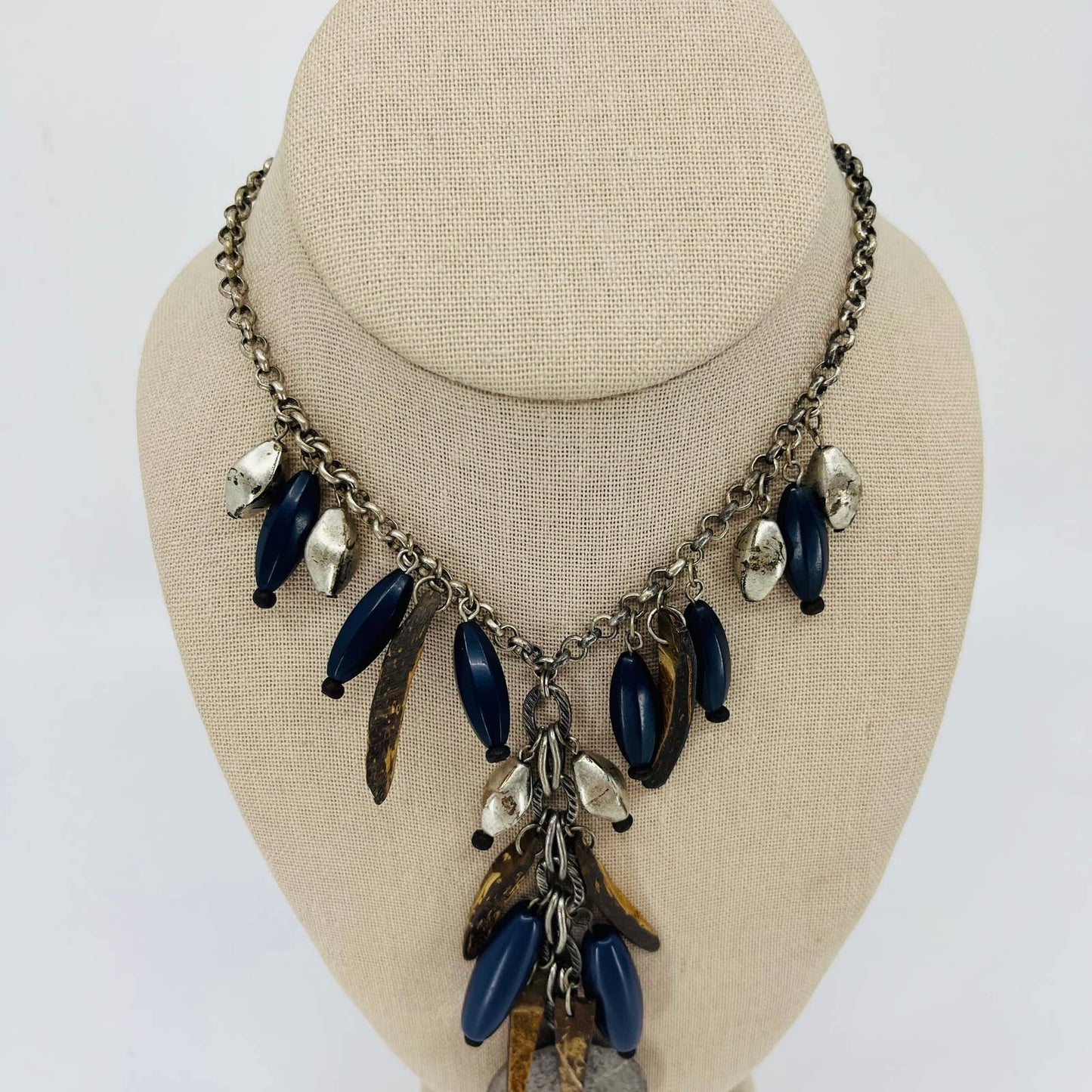Vintage Brutalist Rustic Wood Metal Blue Bead Chunky Pendant Necklace SB2