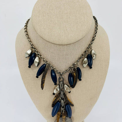 Vintage Brutalist Rustic Wood Metal Blue Bead Chunky Pendant Necklace SB2