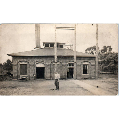 Antique Postcard RPPC Man Outside Brick City Electric Light Plant c1910 SE8