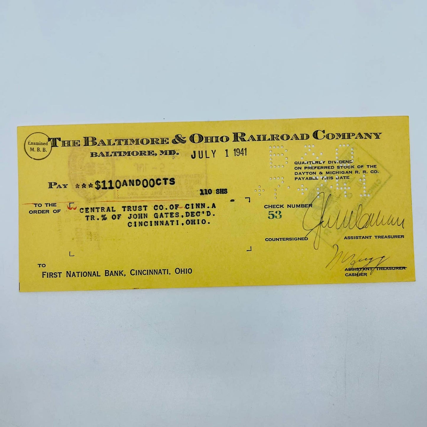 1941 Baltimore & Ohio B&O Railroad RR Quarterly Dividend Check D2