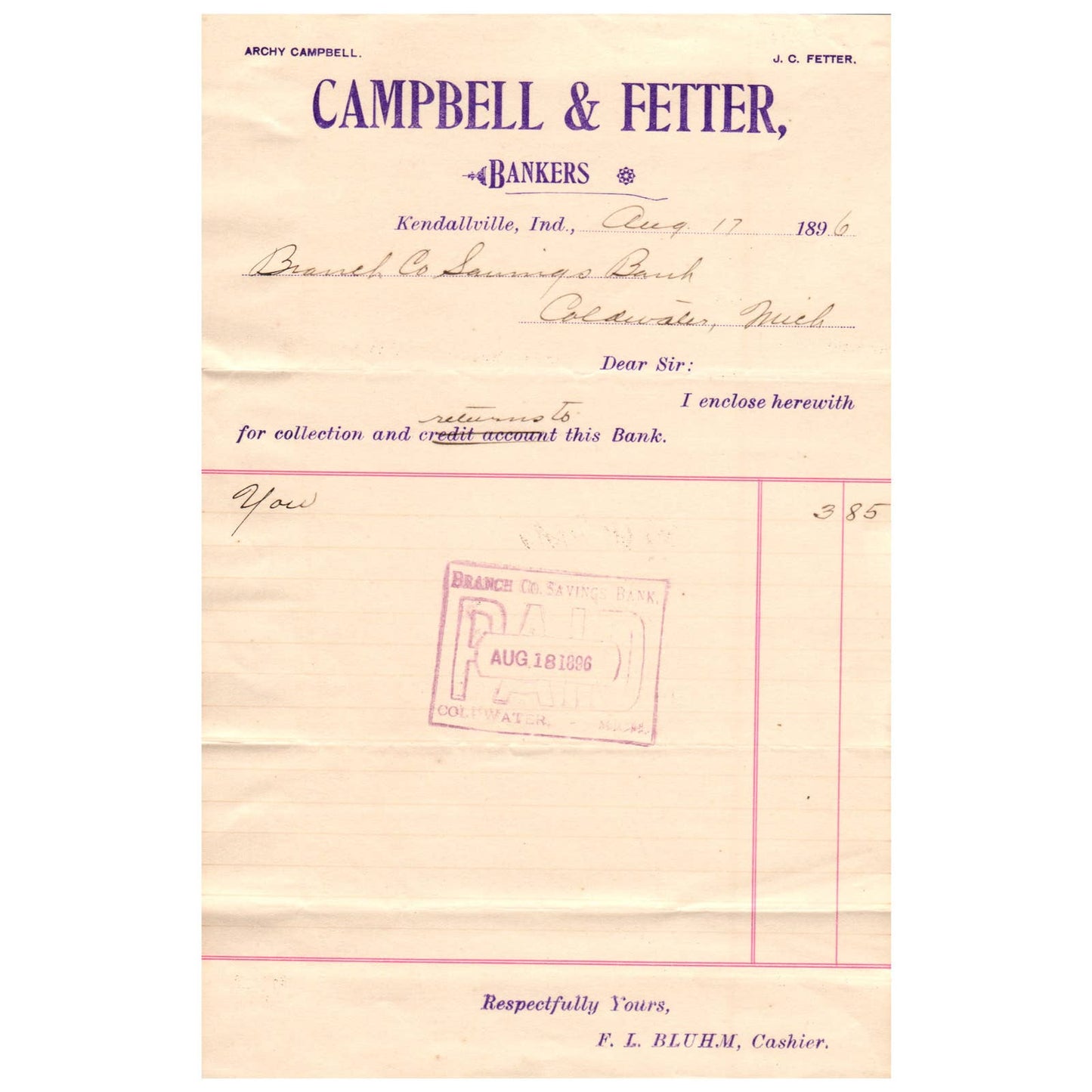 1896 Campbell & Fetter Bankers Letterhead Kendallville Indiana AD8-2