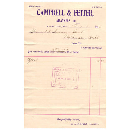 1896 Campbell & Fetter Bankers Letterhead Kendallville Indiana AD8-2