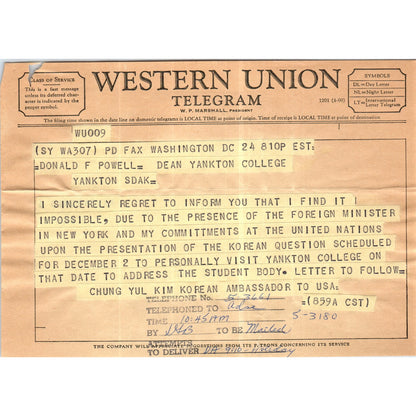 Western Union Telegram Korean Ambassador Chung Yul Kim to Senator Mundt B14