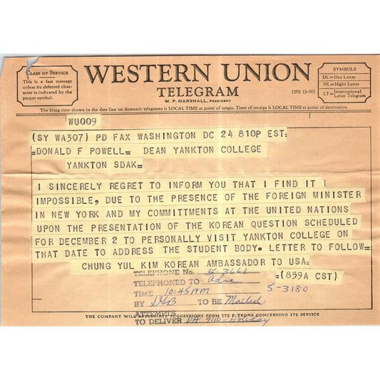 Western Union Telegram Korean Ambassador Chung Yul Kim to Senator Mundt B14