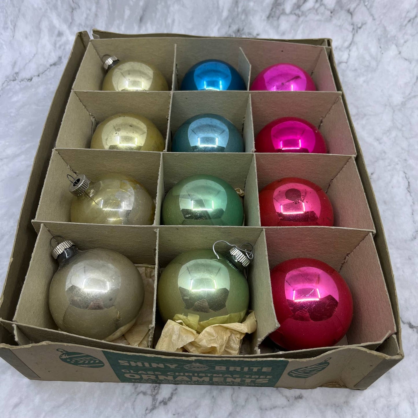 Shiny Brite 12 Vintage Mercury Glass Ornaments With Original Box Pink Teal Gold
