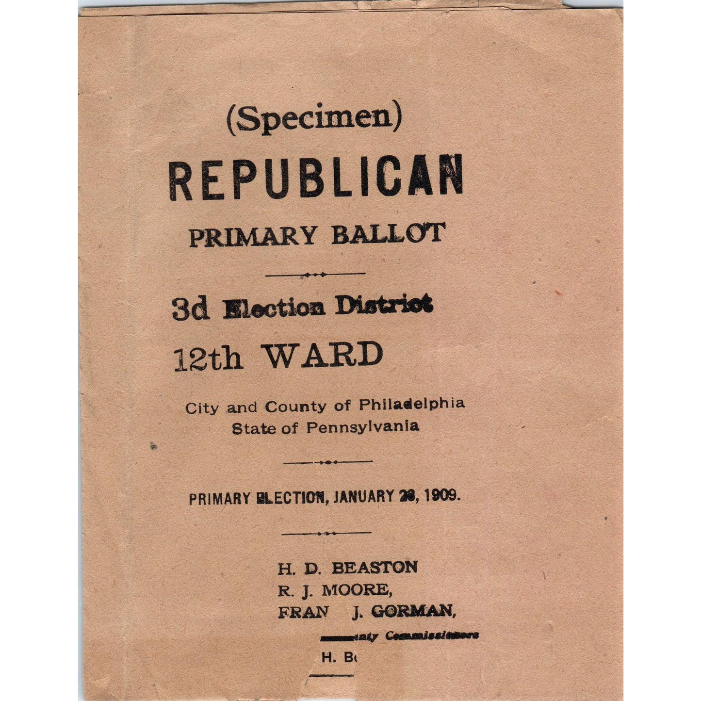 1909 Republican Primary Ballot 3rd District 12th Ward Philadelphia PA AD4