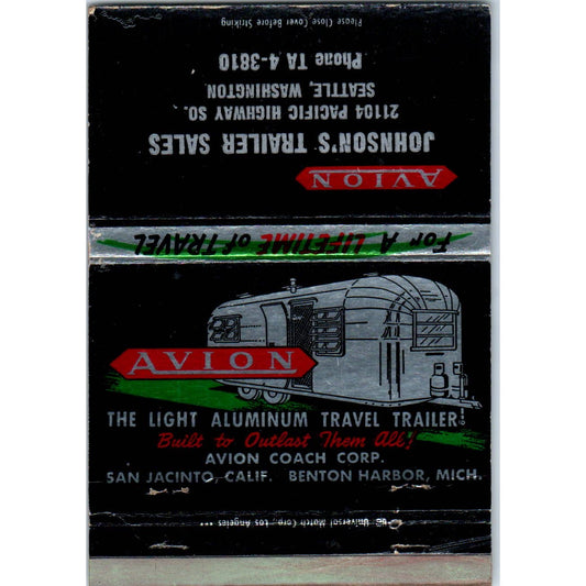 Avion Light Aluminum Trailer Camper Advertising Matchbook Cover SA1-M5