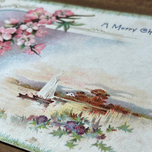 c1910 Embossed Pink Cherry Blossoms Sailboat Scene Merry Christmas Postcard PA2