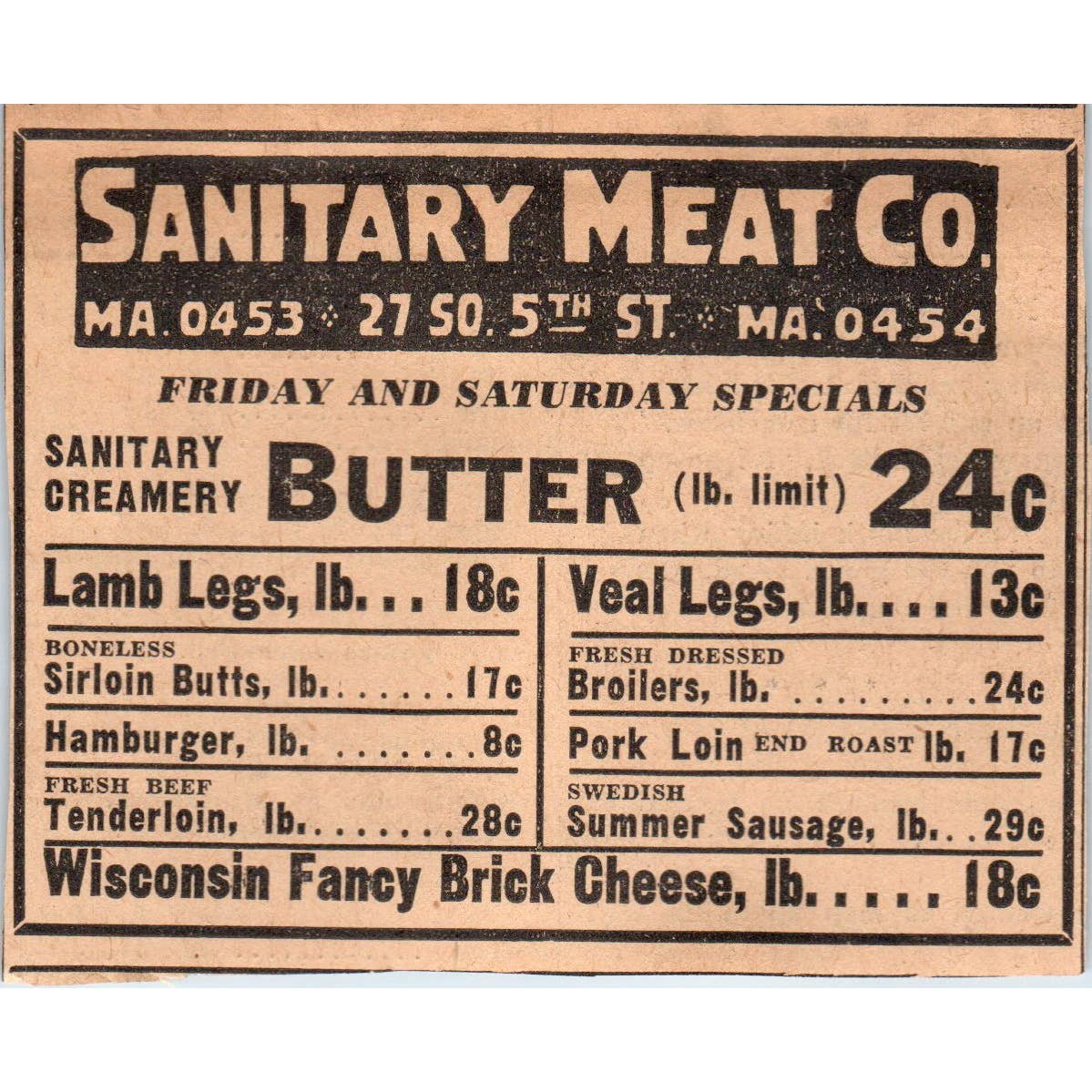 1935 Minneapolis Journal Newspaper Ad Sanitary Meat Co. So. 5th St. FL5-5