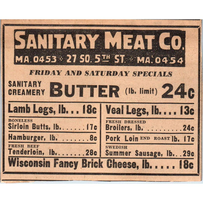 1935 Minneapolis Journal Newspaper Ad Sanitary Meat Co. So. 5th St. FL5-5