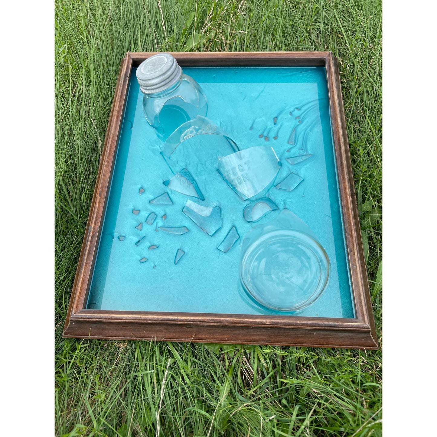 Original Framed Mixed Media Epoxy Art Shattered Ball Jar 16x20 With COA