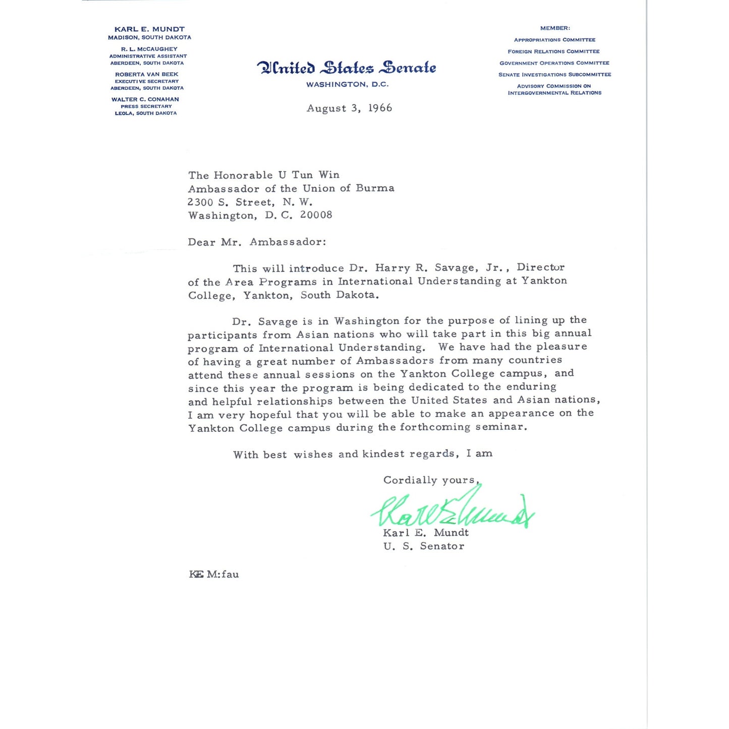 South Dakota Senator Karl Mundt Official Letterhead Signed Memo 1966 B11