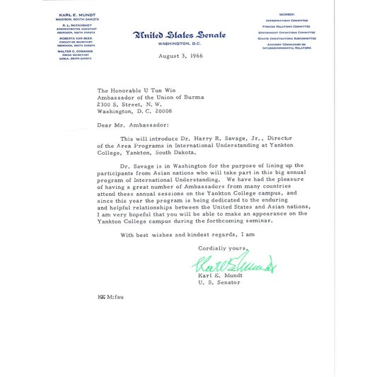South Dakota Senator Karl Mundt Official Letterhead Signed Memo 1966 B11