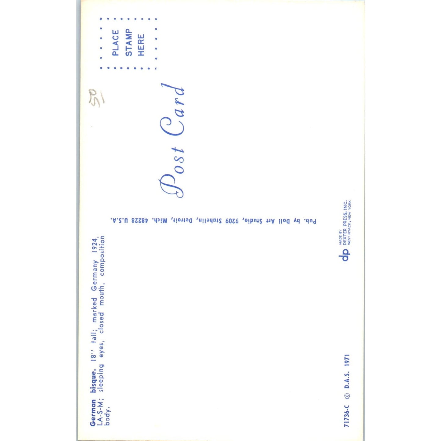 German Bisque Sleeping Eyes Doll Art Studio 1971 Original Postcard PB6