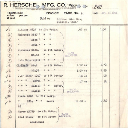 1948 R. Herschel Manufacturing Co Billhead Set of 8 Pieces Peoria Illinois AD5-2