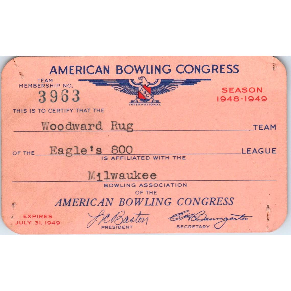 1948 American Bowling Congress Milwaukee Membership Card Eagles 800 SE5-12