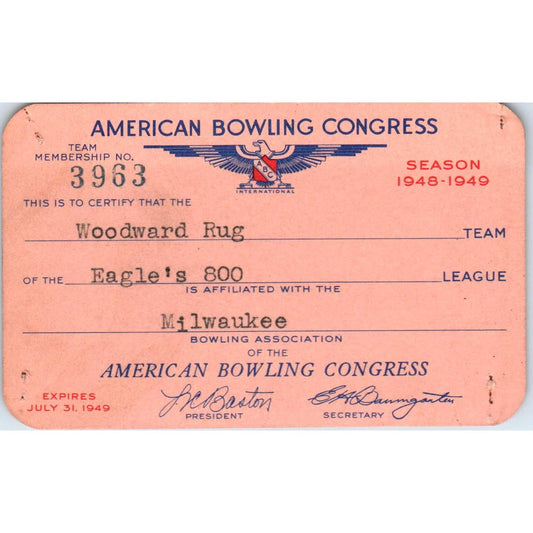 1948 American Bowling Congress Milwaukee Membership Card Eagles 800 SE5-12