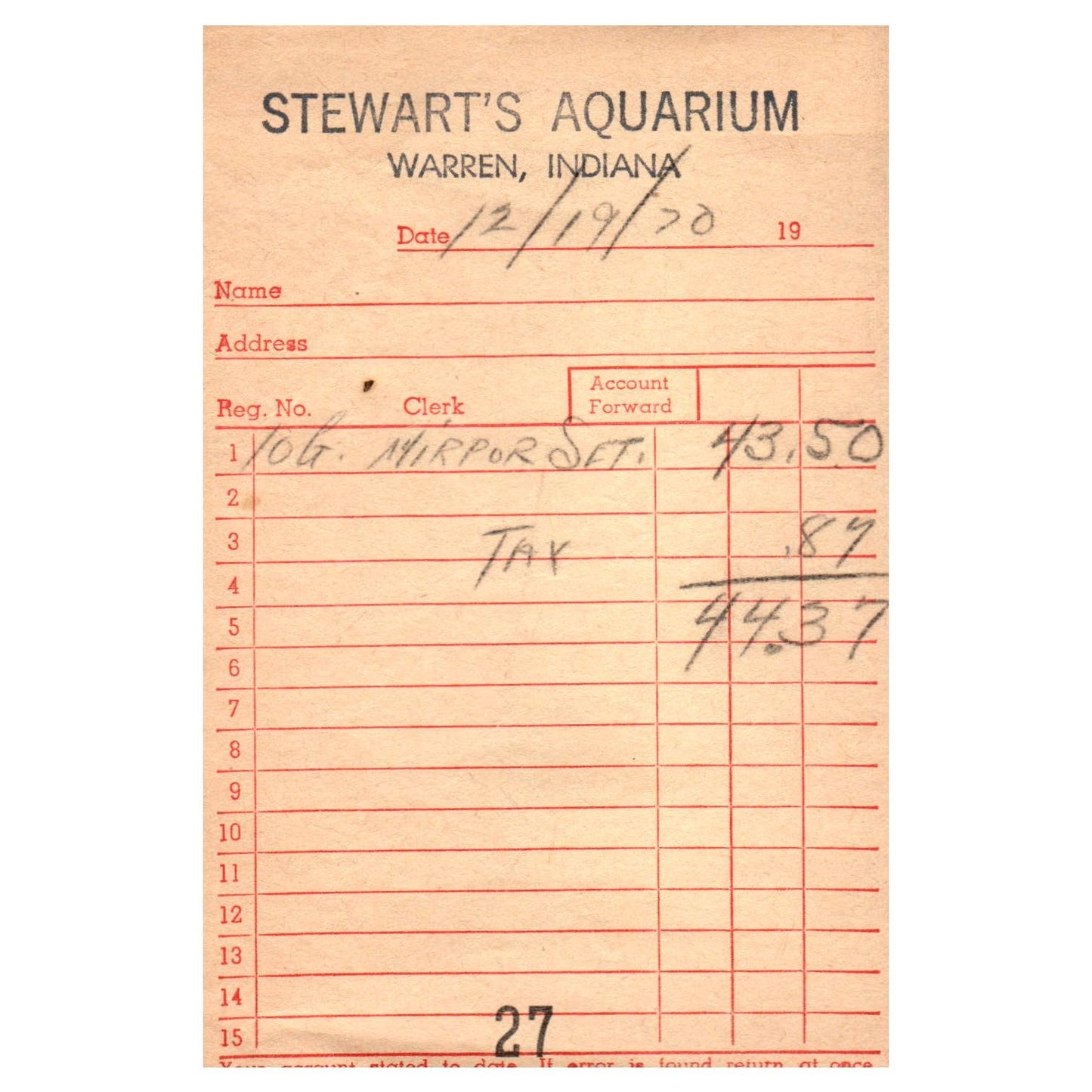 1970 Stewart's Aquarium Billhead Memo Warren Indiana AD8