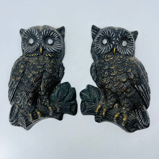 MCM Chalkware Owl Set of 2 Wall Art Mid-Century Modern Black & Gold 7.5” TC6