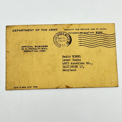 1955 QSL Radio Card W3USA Fort George G. Meade Maryland Lamar Rambo SC6