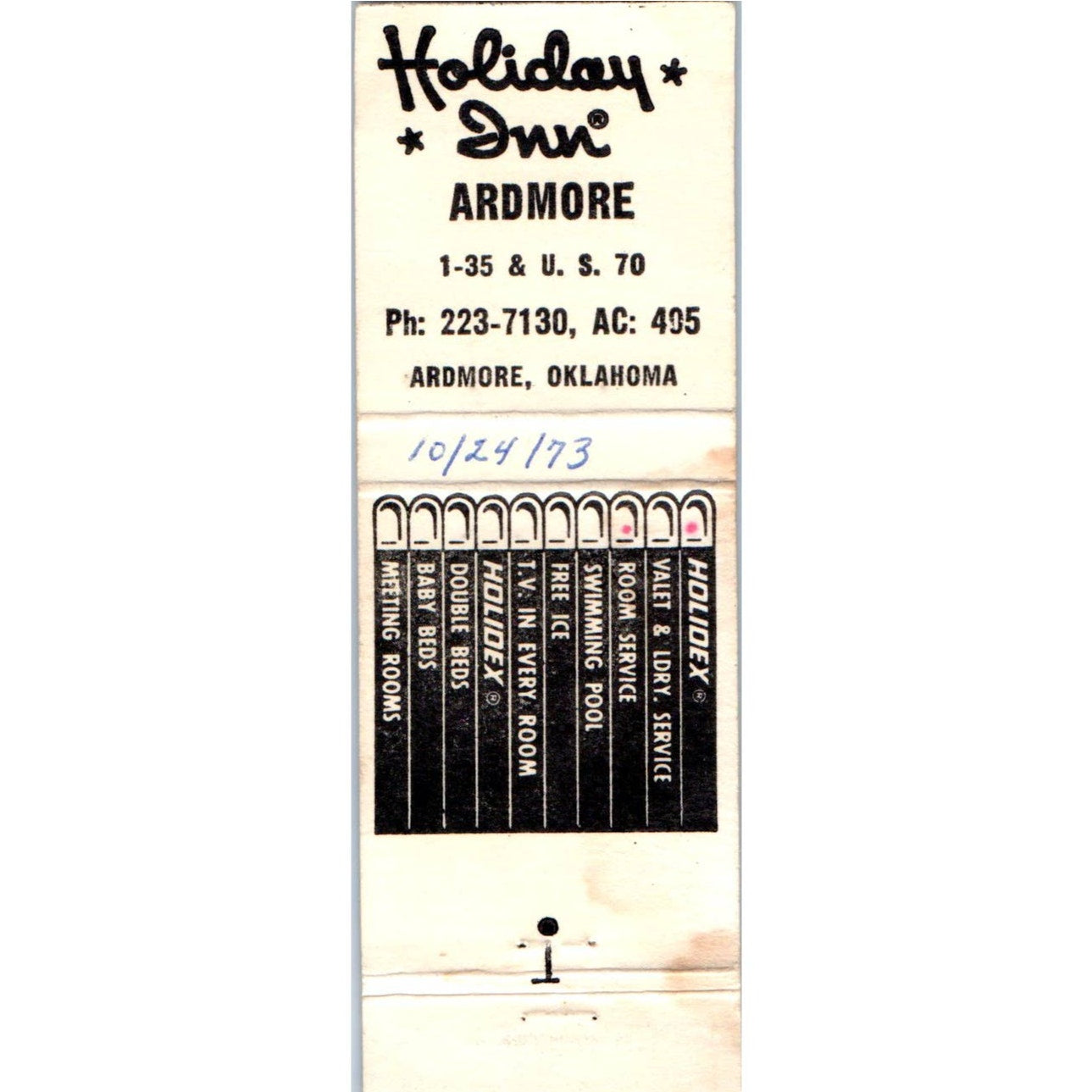 1973 Holiday Inn Holidex Ardmore OK Advertising Matchbook Cover MM9-9