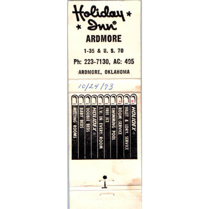 1973 Holiday Inn Holidex Ardmore OK Advertising Matchbook Cover MM9-9