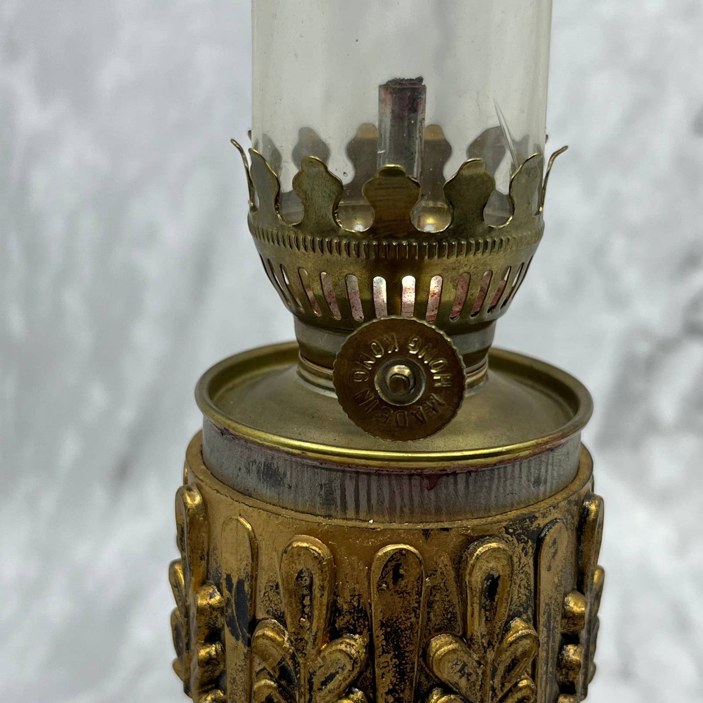 Vtg Oil Lamp With Ornate Cast Resin Base Hong Kong 11” TD1