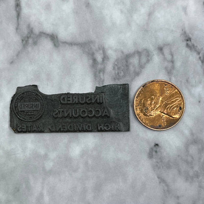 Vintage Printers Block Plate Insured Accounts High Dividend Rates SE833