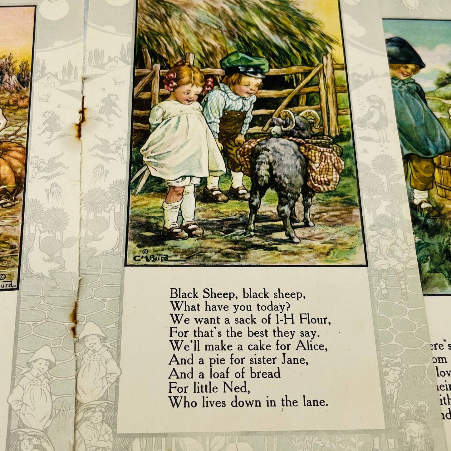 Antique c1900 Set of 4 Double Side Children Nursery Rhyme Lithograph CM Burd C7