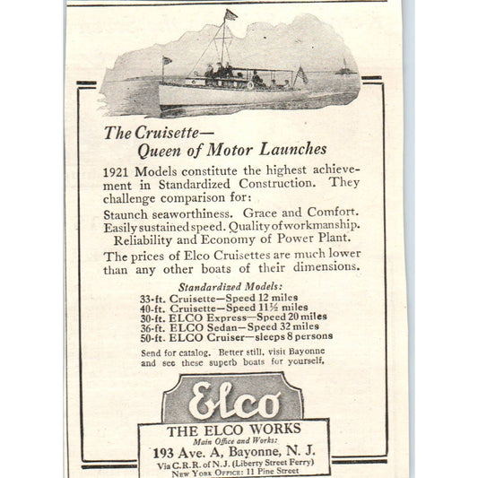 The Cruisette Queen of Motor Launches The Elco Works Bayonne NJ - 1903 Ad TJ7-L