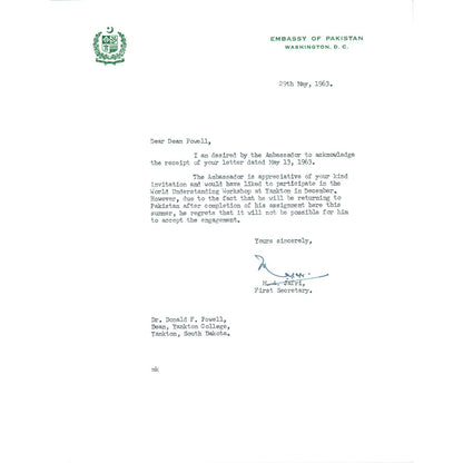 Embassy of Pakistan to US Letterhead Memo Aziz Ahmed 5/29/63 TK1-P9