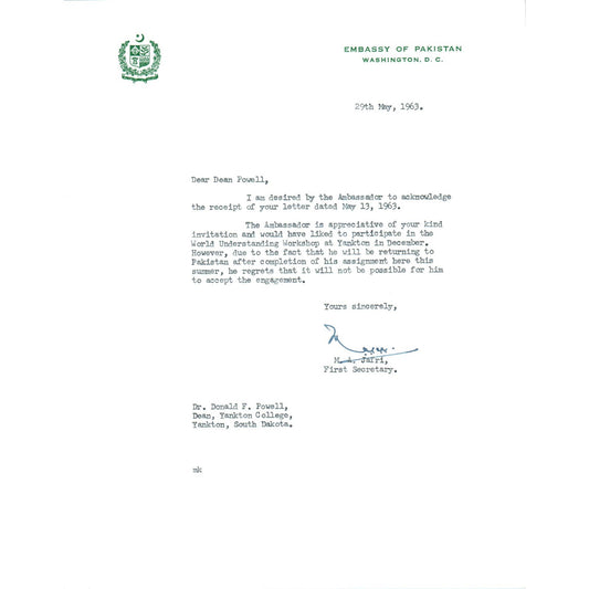 Embassy of Pakistan to US Letterhead Memo Aziz Ahmed 5/29/63 TK1-P9