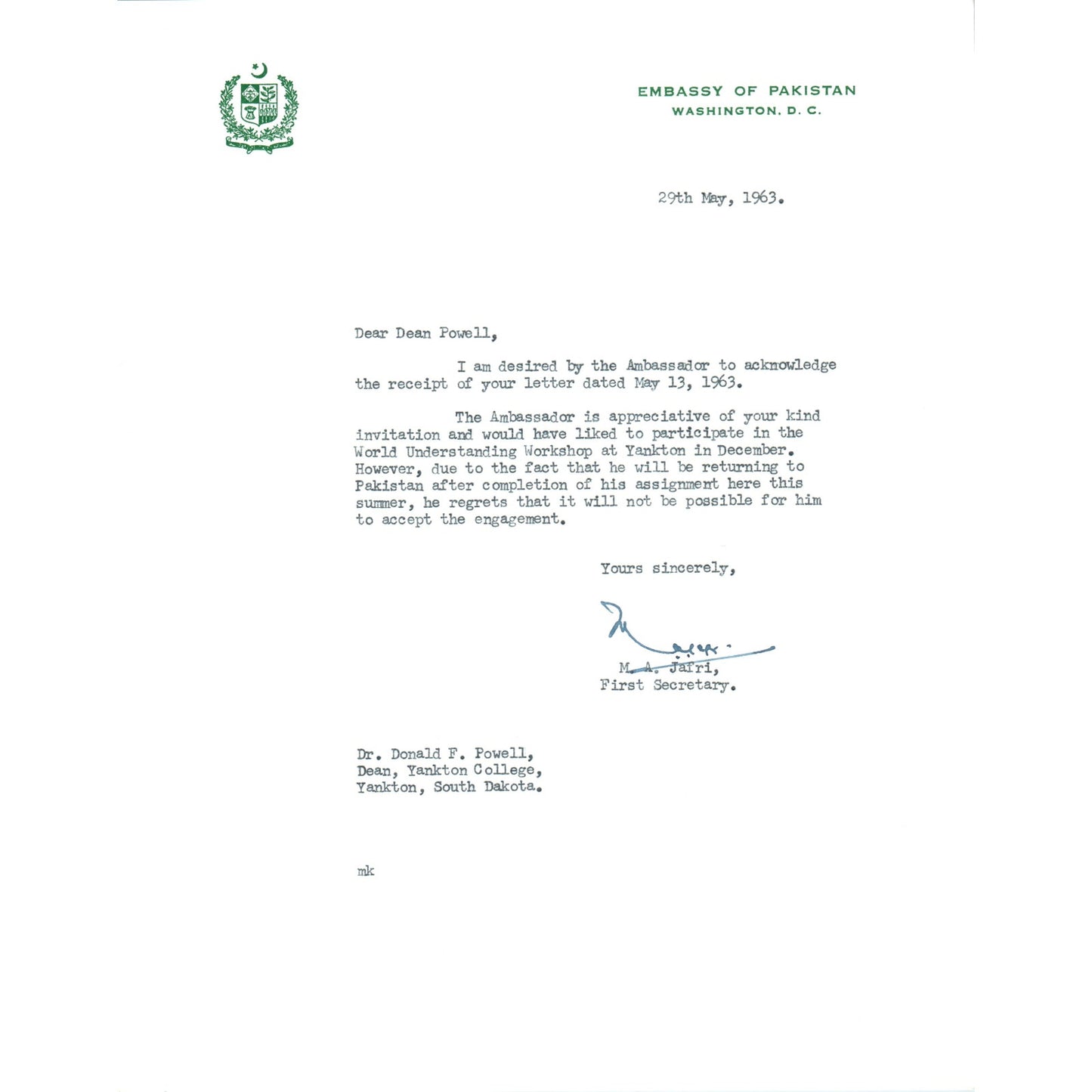 Embassy of Pakistan to US Letterhead Memo M.A. Jafri 5/29/63 B14