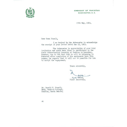 Embassy of Pakistan to US Letterhead Memo M.A. Jafri 5/29/63 B14