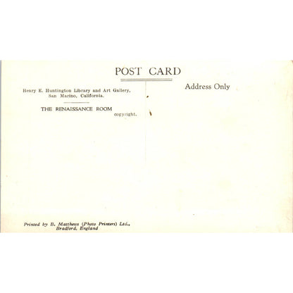 Vintage Postcard Renaissance Room Henry E. Huntington Library San Marino SE3-2