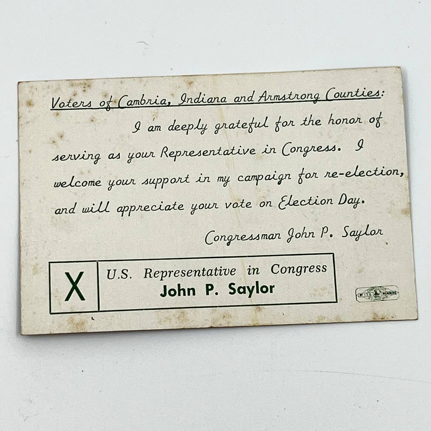 1950s Political Ad Card John P. Saylor for Congress Republican Somerset PA D6-1